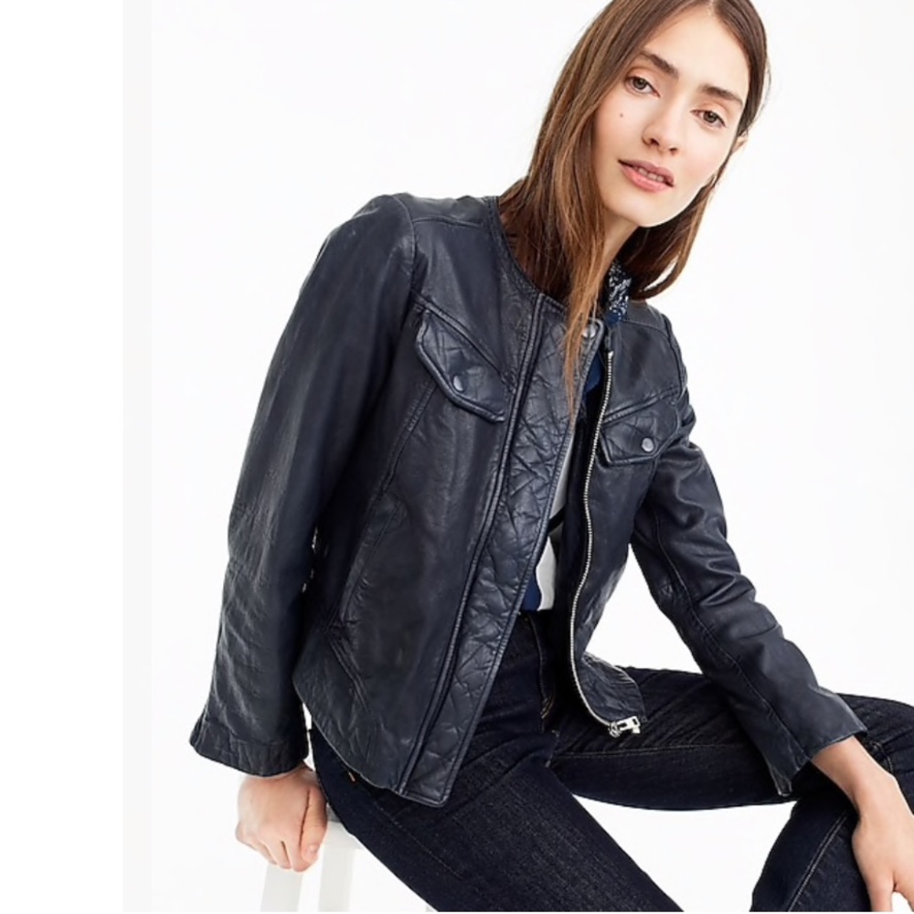 JCrew Collarless washed leather jacket navy xs